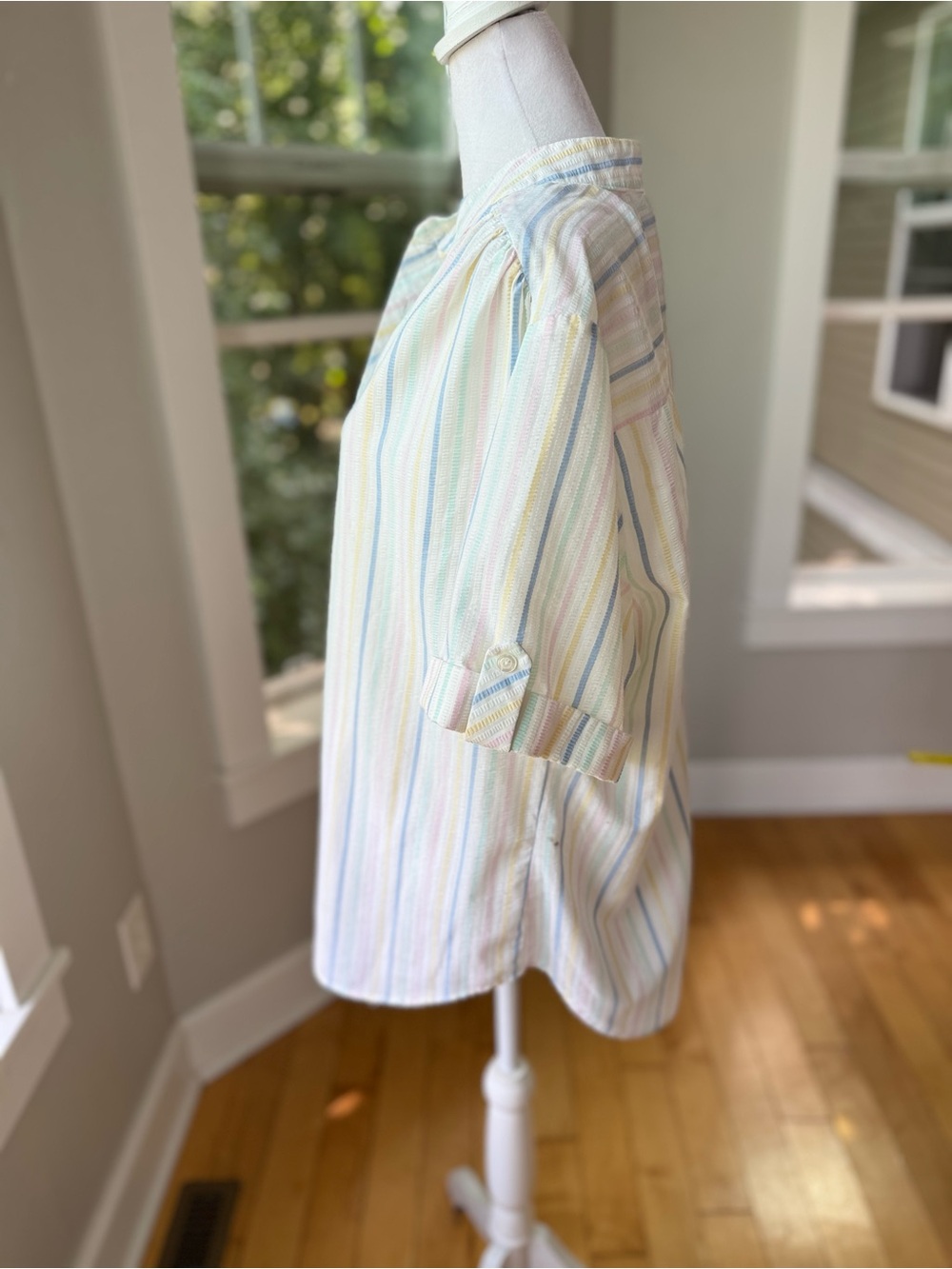 Vintage 80s 90s Pastel Pink White Blue Stripe Short Sleeve Blouse Sz 20W - Picture 3 of 10